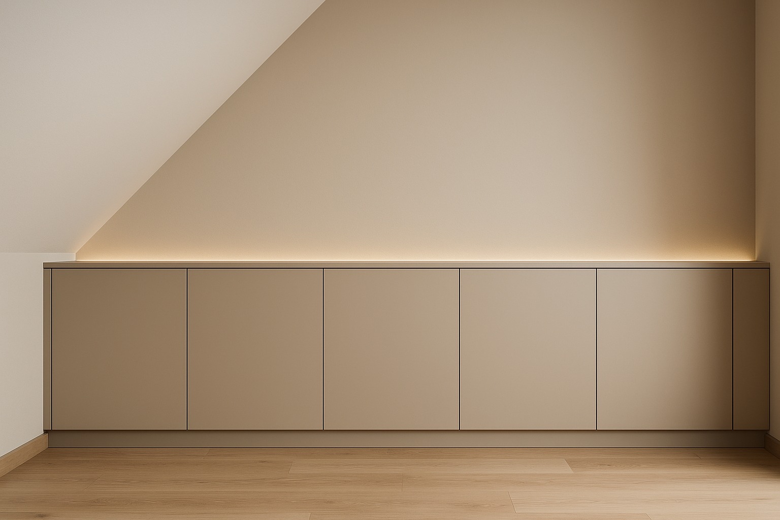 Flächenbündiger Maßschrank im Kniestock, grifflos, Fronten in Wandfarbe. Flächenbündiger Maßschrank im Kniestock, grifflos, Fronten in Wandfarbe.