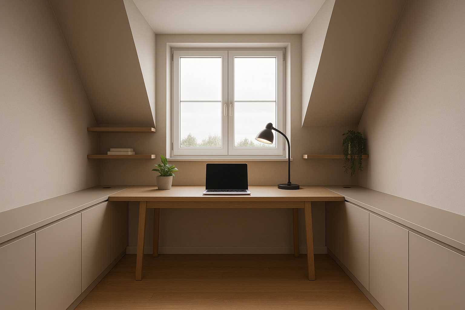 Homeoffice an der Gaube mit flachem Stauraum im Kniestock. Homeoffice an der Gaube mit flachem Stauraum im Kniestock.