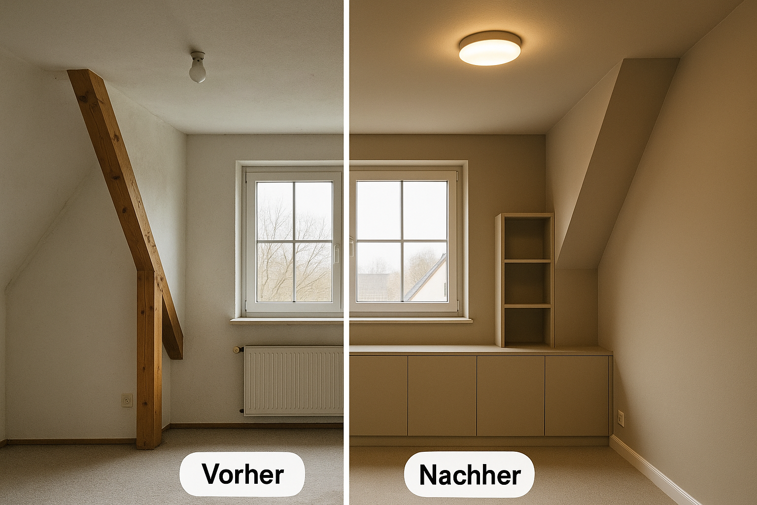 Vorher_Nachher eines Dachzimmers mit neuer Licht- und Stauraumplanung. Vorher_Nachher eines Dachzimmers mit neuer Licht- und Stauraumplanung.